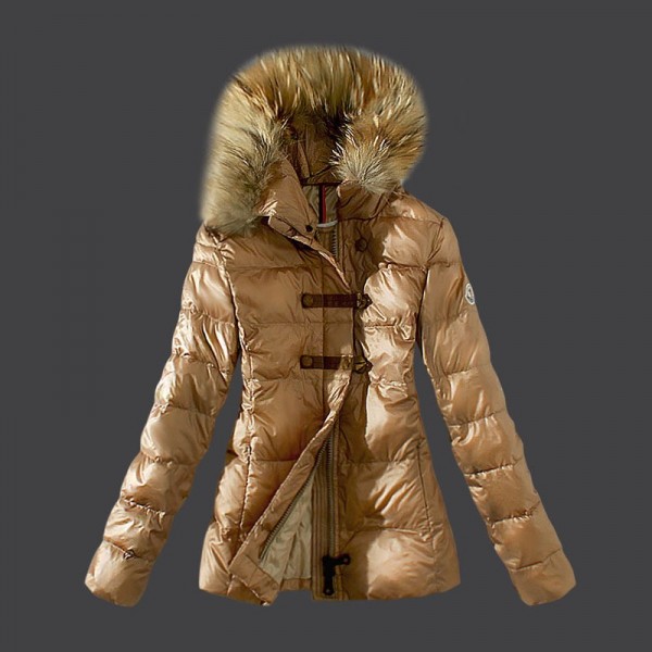 Moncler Donna Giù cappotto collo di pelliccia Khaki Presa M1091